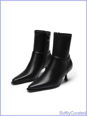 Pointed Toe Kitten Heel Ankle Boots Faux Leather Pull On